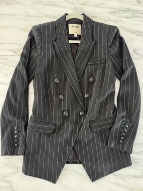 L'AGENCE Double-Breasted Pinstripe Blazer — Size 2 — Black & White